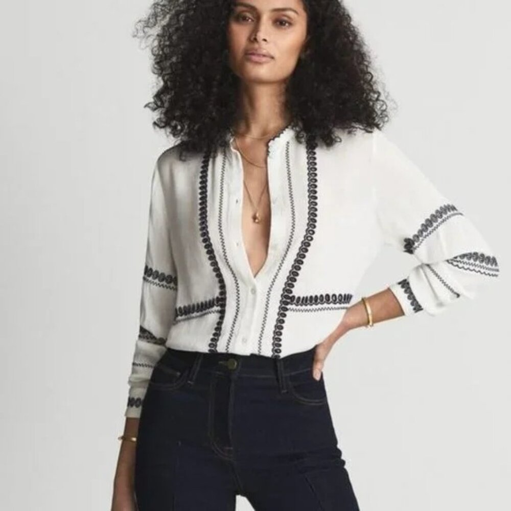 Reiss Siri white contrast embroidery long sleeve 8 button front top shirt blouse